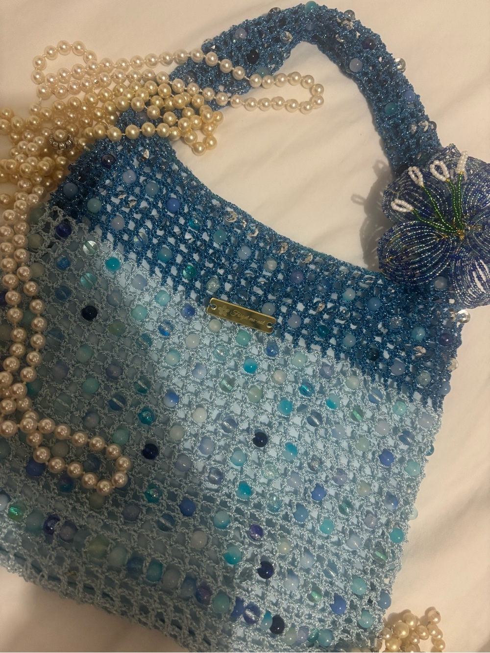 Handcrafted Beaded Crochet Shoulder Bag in Light & Deep Blue